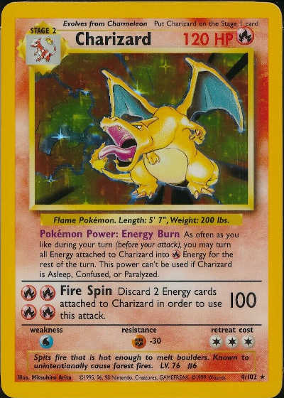 1999 Charizard Holo Pokemon card Base set 4-102 Unlimited with Shadow