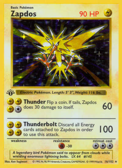 1st Edition Shadowless Zapdos Holo Pokemon Card Value