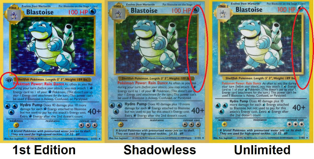 1st edition vs shadowless vs shadow (unlimited) pokemon Blastoise cards