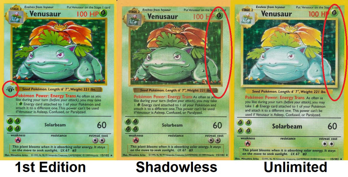 1st edition vs shadowless vs shadow (unlimited) pokemon Venusaur card