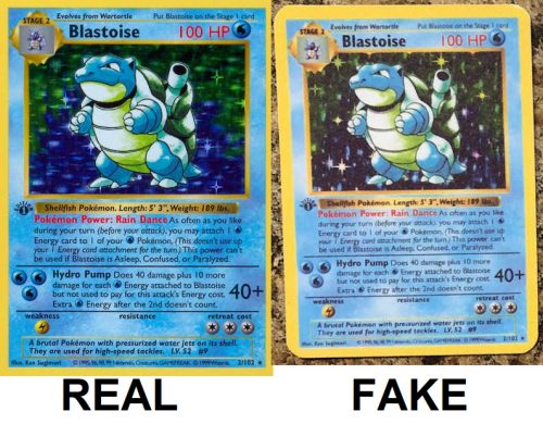 Real and Fake 1st Edition Blastoise Pokemon Card