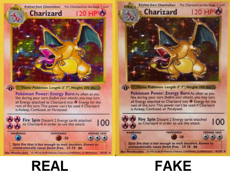 Real and Fake 1st Edition Charizard Pokemon Card