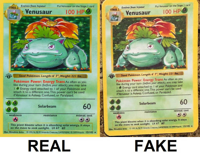 Real and Fake 1st Edition Venusaur Pokemon Cards